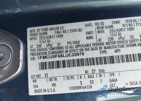 2020 Ford Escape S из США, поврежденный, VIN 1FMCU0F68LUC20976